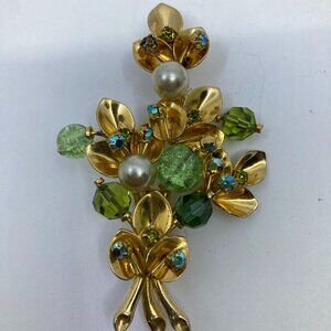 Vtg 1960 AUSTRIA ? gold tone leaves crystal rhinestone beads spray brooch
